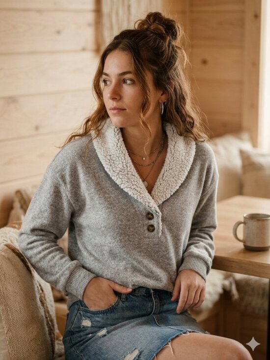 Ultra Flirt Sweaters - Ultra Flirt Pullover Sweatshirt Sherpa Collar Button Up Grey XL